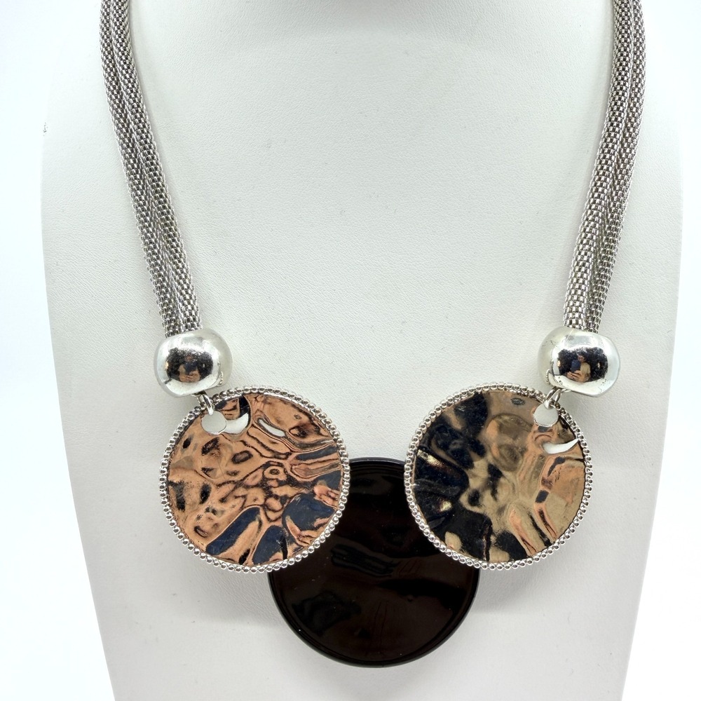 VTG Silver Tone Multi Strand Mesh Chain Hammered Disc Black Resin Statement Y2K